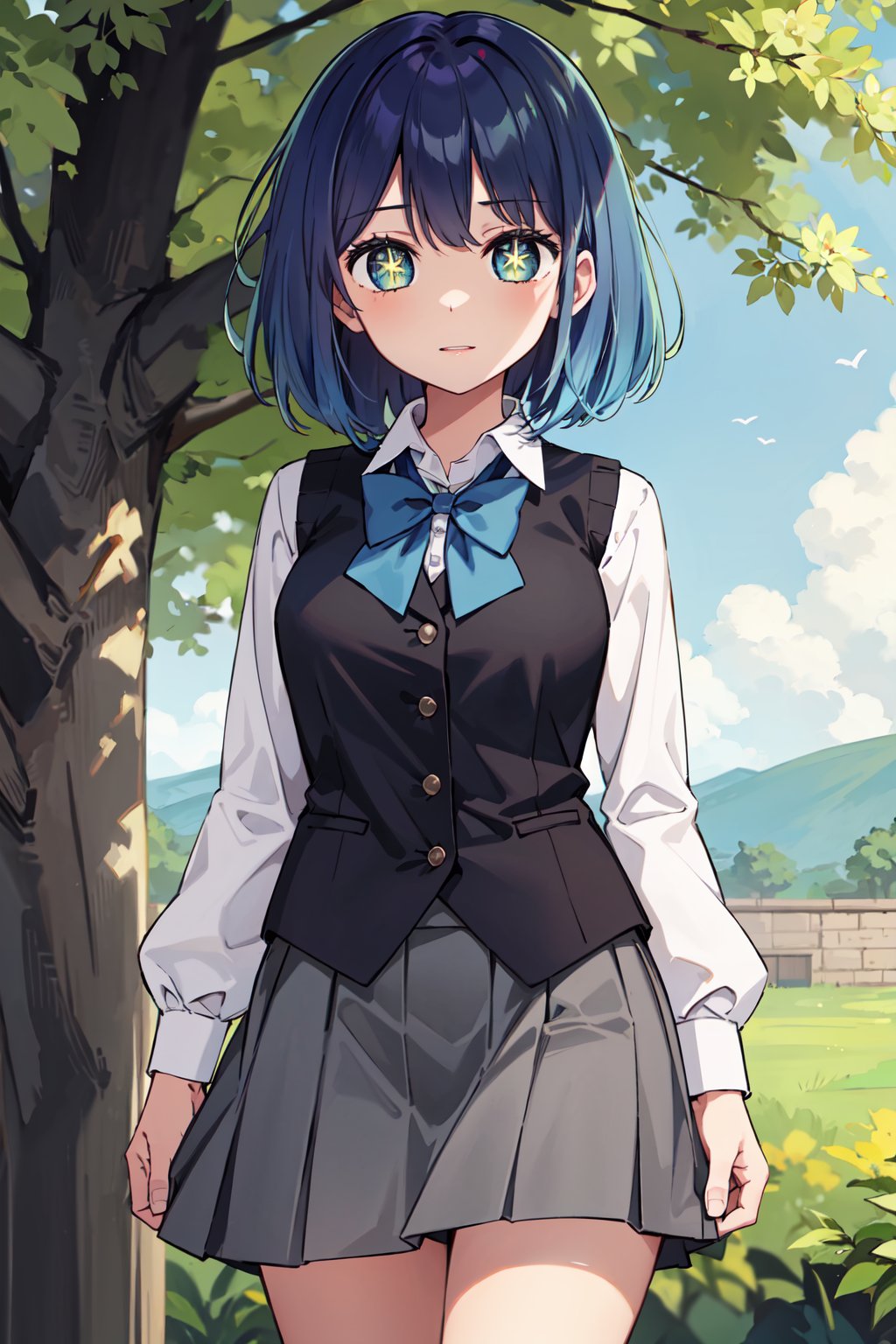 masterpiece, best quality, highres, 1girl, hmakane, blue hair, short hair, gradient hair, medium breasts, blue bowtie, collared shirt, black vest, long sleeves, pleated skirt, grey skirt, symbol-shaped pupils,  <lora:kurokawa_akane_v1:0.7>, standing, cowboy shot, outdoors