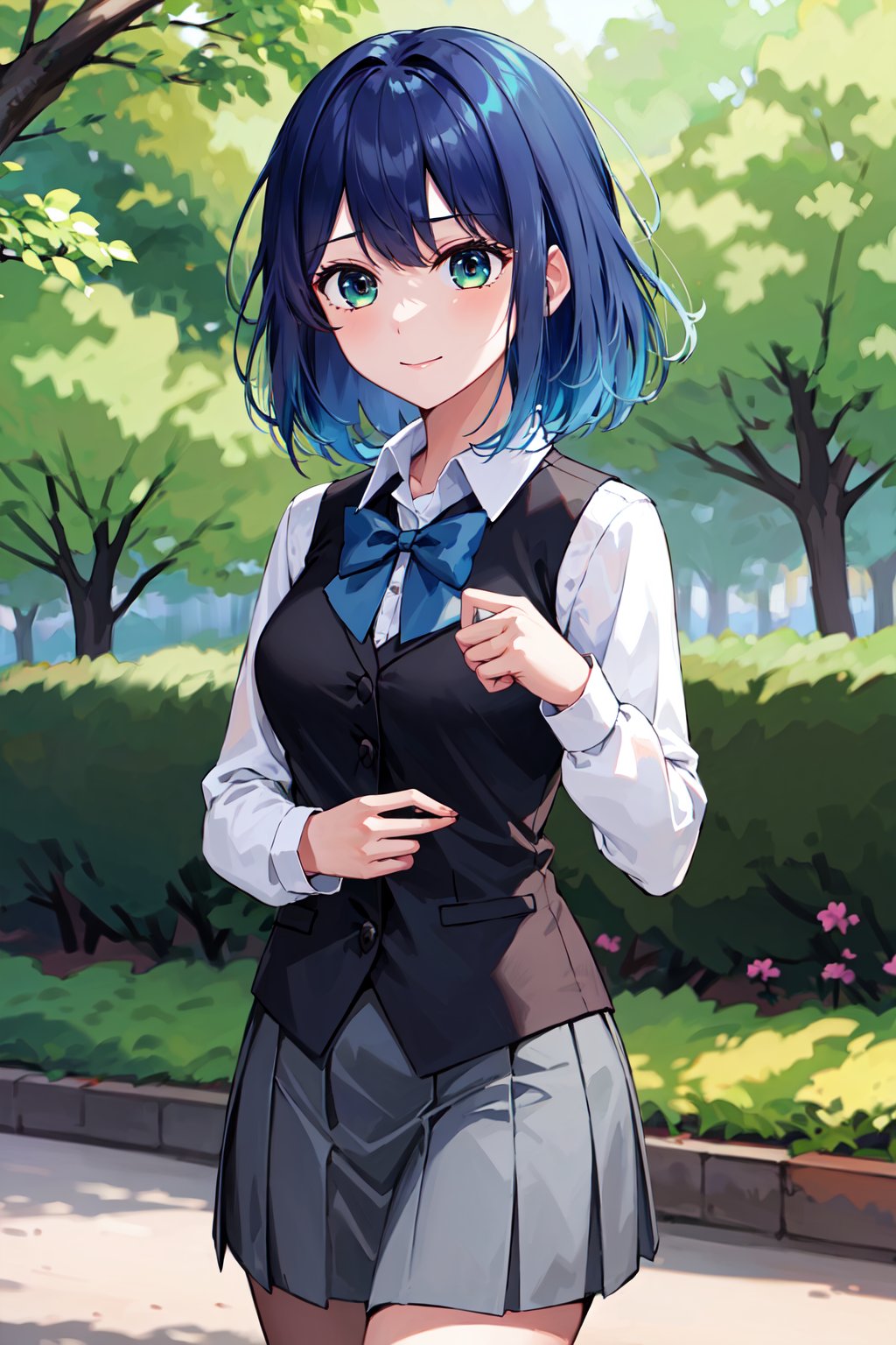 masterpiece, best quality, highres, 1girl, hmakane, blue hair, short hair, gradient hair, medium breasts, blue bowtie, collared shirt, black vest, long sleeves, pleated skirt, grey skirt, <lora:kurokawa_akane_v1:0.8>, standing, cowboy shot, outdoors