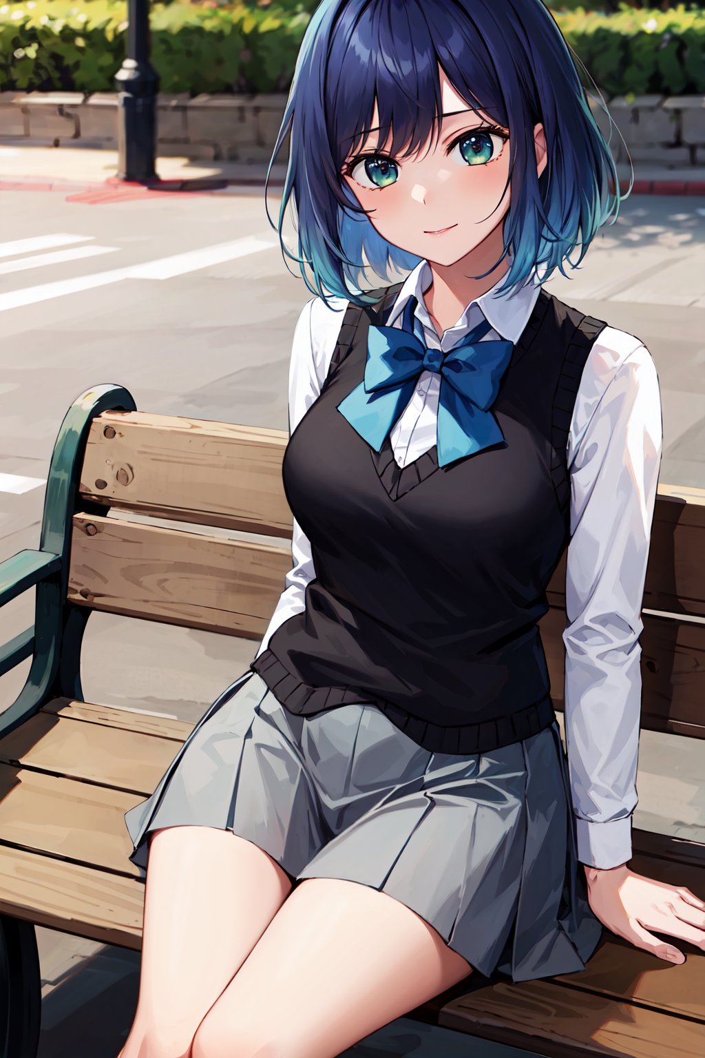 masterpiece, best quality, highres, 1girl, hmakane, blue hair, short hair, gradient hair, medium breasts, blue bowtie, collared shirt, black vest, long sleeves, pleated skirt, grey skirt, <lora:kurokawa_akane_v1:0.8>, sitting, bench, park