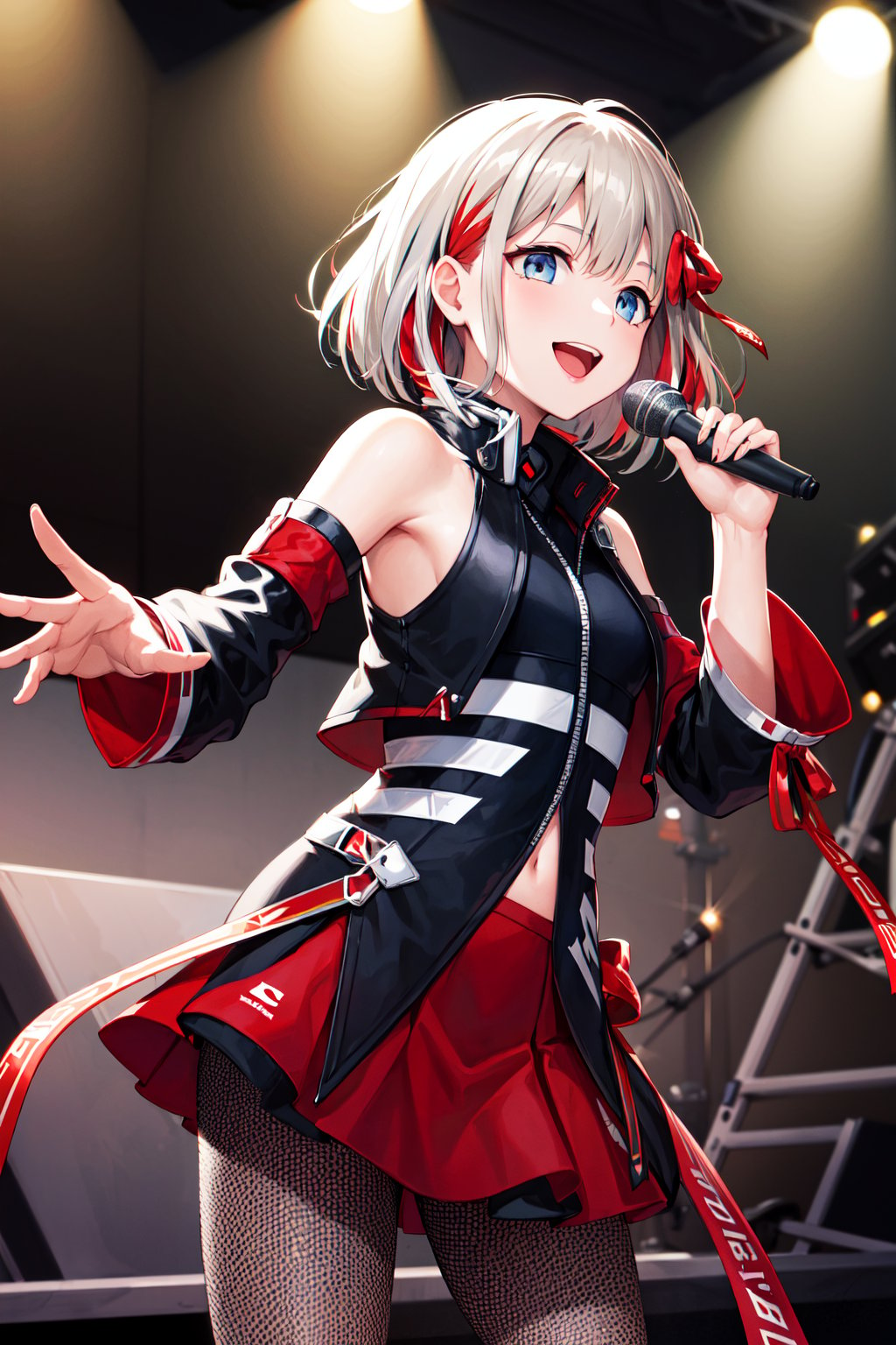 masterpiece, best quality, highres, ddasahi, short hair, multicolored hair, streaked hair, hair ribbon, red ribbon, bare shoulders, black jacket, sleeveless jacket, detached sleeves, red skirt, pantyhose, fishnets, <lora:serizawa_asahi_v1:0.7>, stage, holding microphone, smile, open mouth