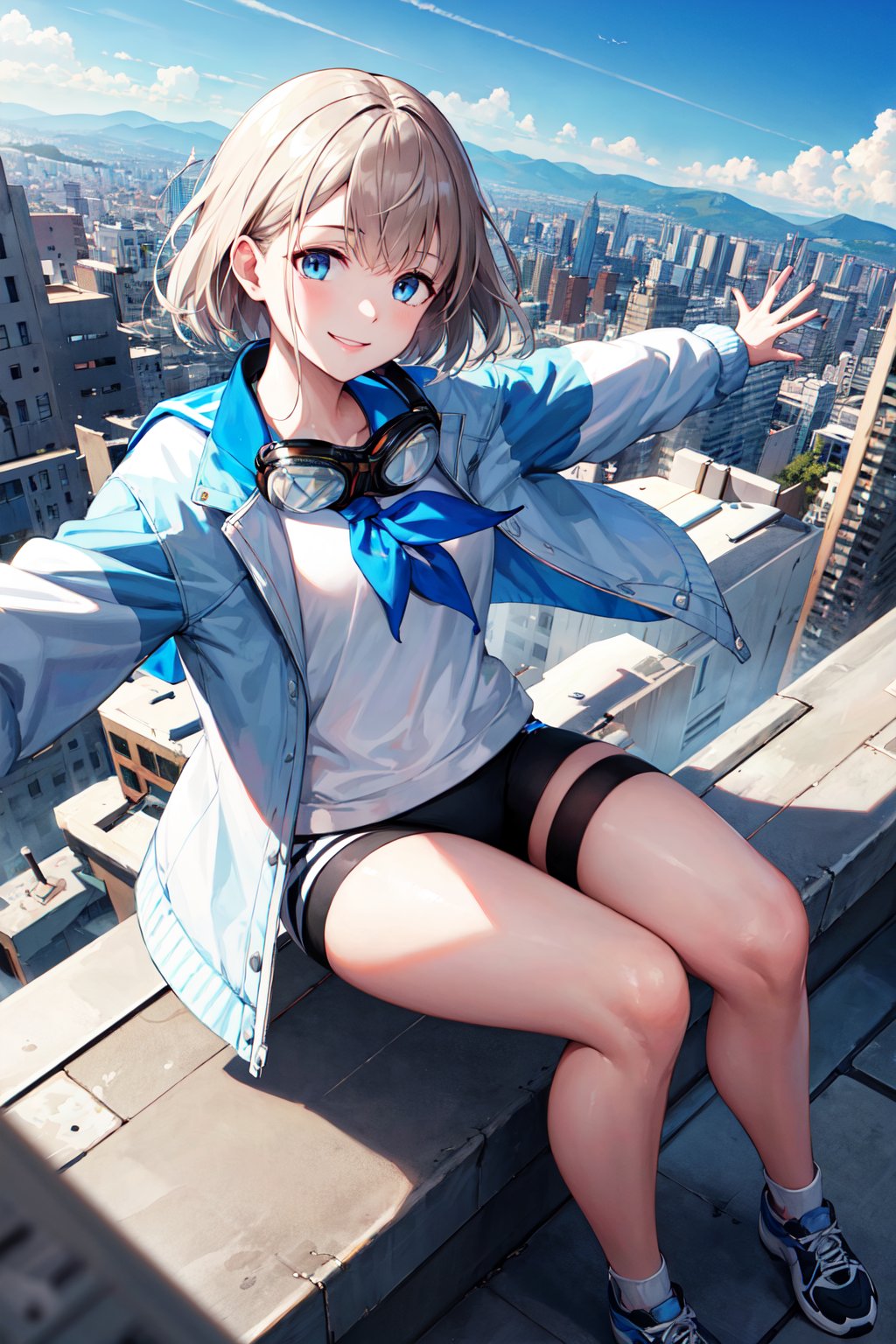 masterpiece, best quality, highres, ffasahi, short hair, goggles around neck, sailor collar, blue neckerchief, white shirt, blue jacket, open jacket, long sleeves, black shorts, <lora:serizawa_asahi_v1:0.7>, sitting, city, sky, rooftop, outstretched arms, smile,