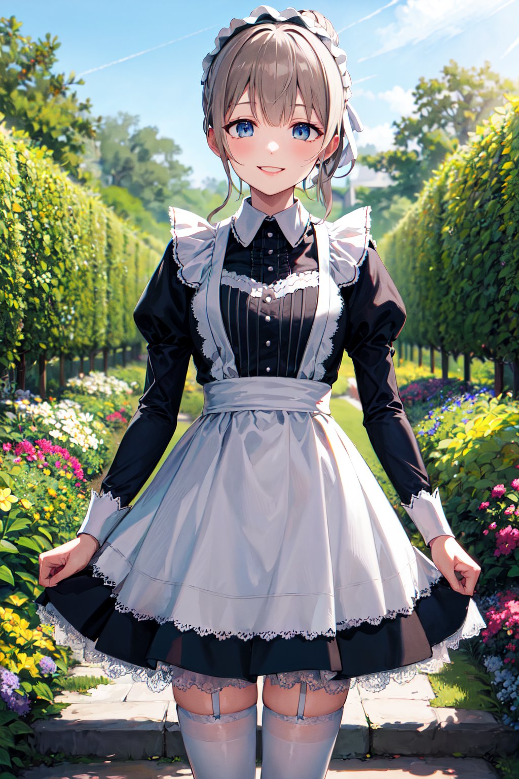 masterpiece, best quality, highres, ggasahi, short hair, single hair bun, maid headdress, maid, long sleeves, puffy sleeves, maid apron, white apron, white thighhighs, <lora:serizawa_asahi_v1:0.7>, garden, standing, cowboy shot, smile, v arms,