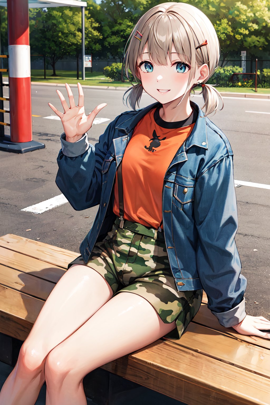 masterpiece, best quality, highres, ccasahi, short hair, short twintails, low twintails, hairclip, earrings, orange shirt, suspenders, denim jacket, open clothes, long sleeves, green shorts, camouflage, <lora:serizawa_asahi_v1:0.7>, playground, bench, sitting, smile, waving,