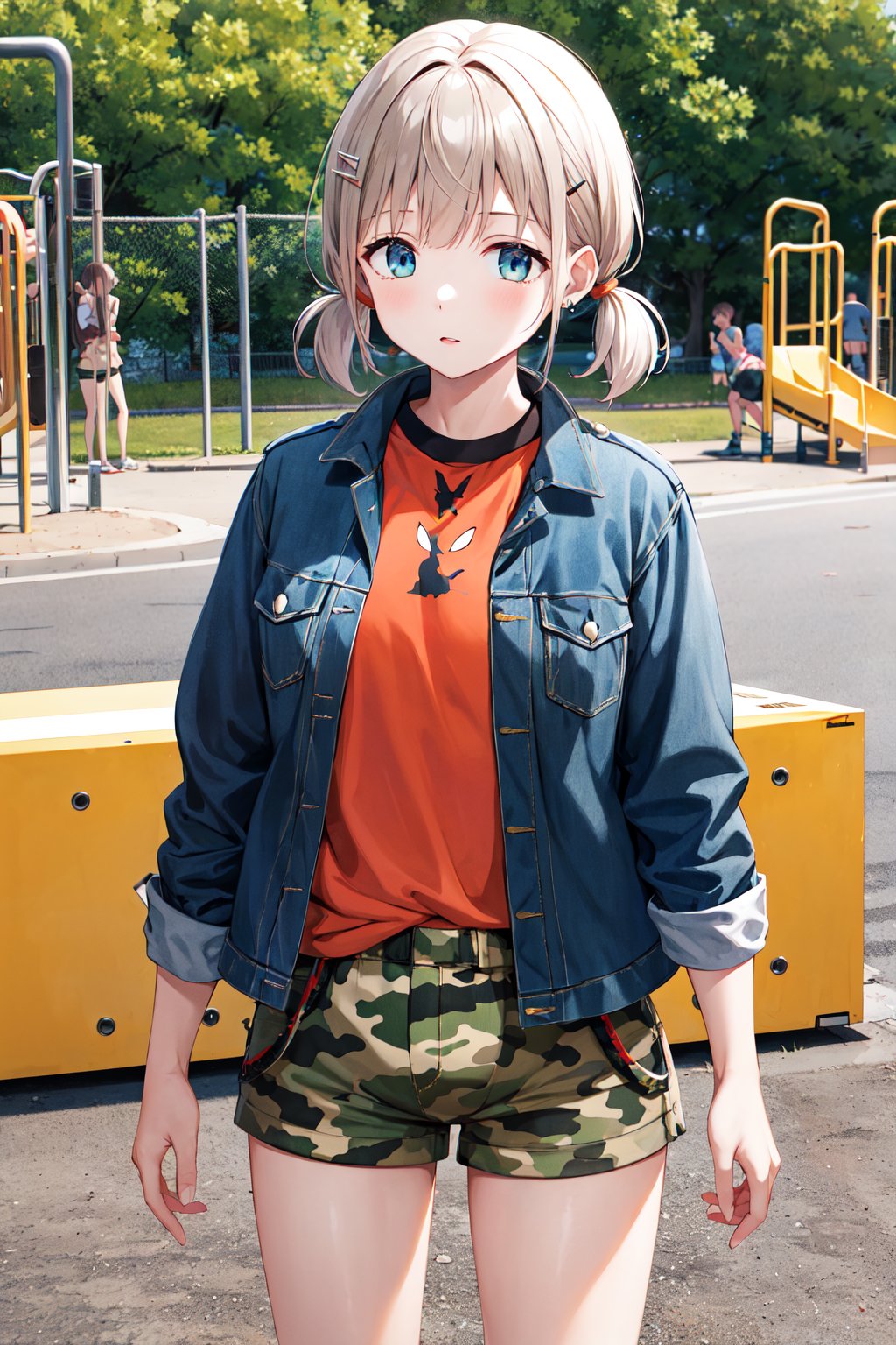 masterpiece, best quality, highres, ccasahi, short hair, short twintails, low twintails, hairclip, earrings, orange shirt, suspenders, denim jacket, open clothes, long sleeves, green shorts, camouflage, <lora:serizawa_asahi_v1:0.7>, cowboy shot, standing, playground, 