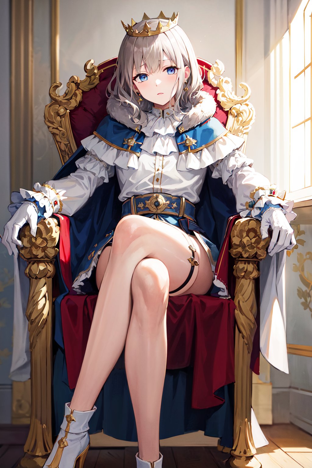 masterpiece, best quality, highres, eeasahi, medium hair, crown, earrings, fur trim, cape, frilled shirt, long sleeves, frilled sleeves, white gloves, white shorts, belt, thigh strap, <lora:serizawa_asahi_v1:0.7>, sitting, throne, crossed legs, indoor