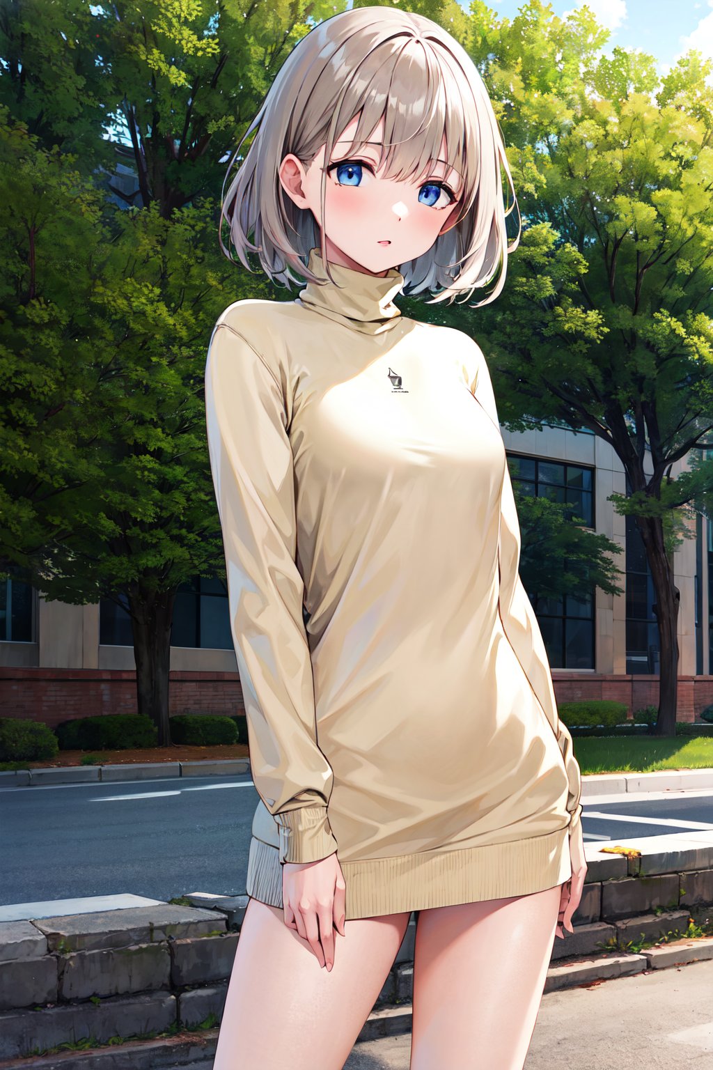 masterpiece, best quality, highres, aaasahi, short hair, <lora:serizawa_asahi_v1:0.7>, small breasts, sweater dress, turtleneck, 