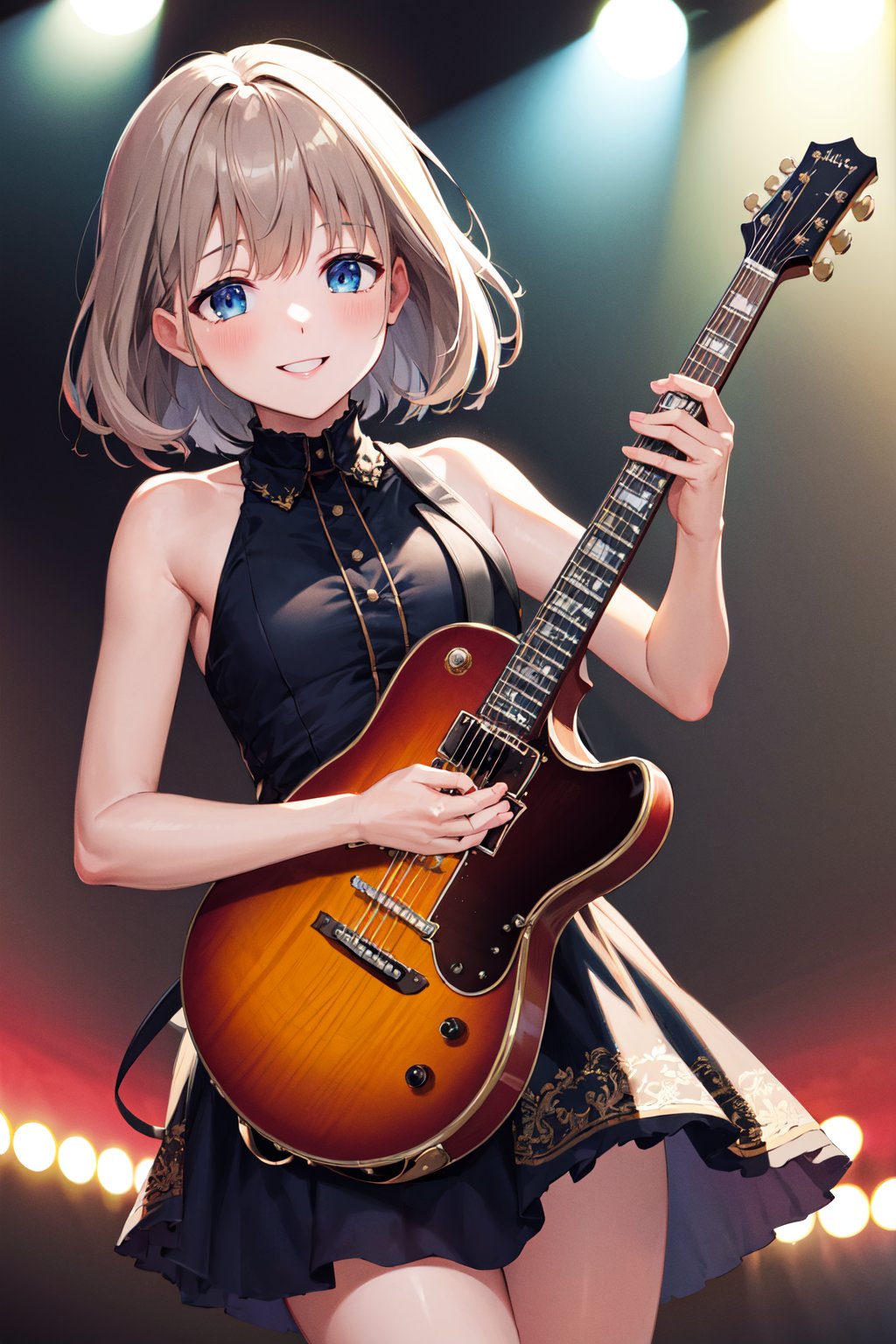 masterpiece, best quality, highres, aaasahi, short hair, <lora:serizawa_asahi_v1:0.7>, small breasts, idol clothes, dress, stage, smile, holding instrument, guitar,