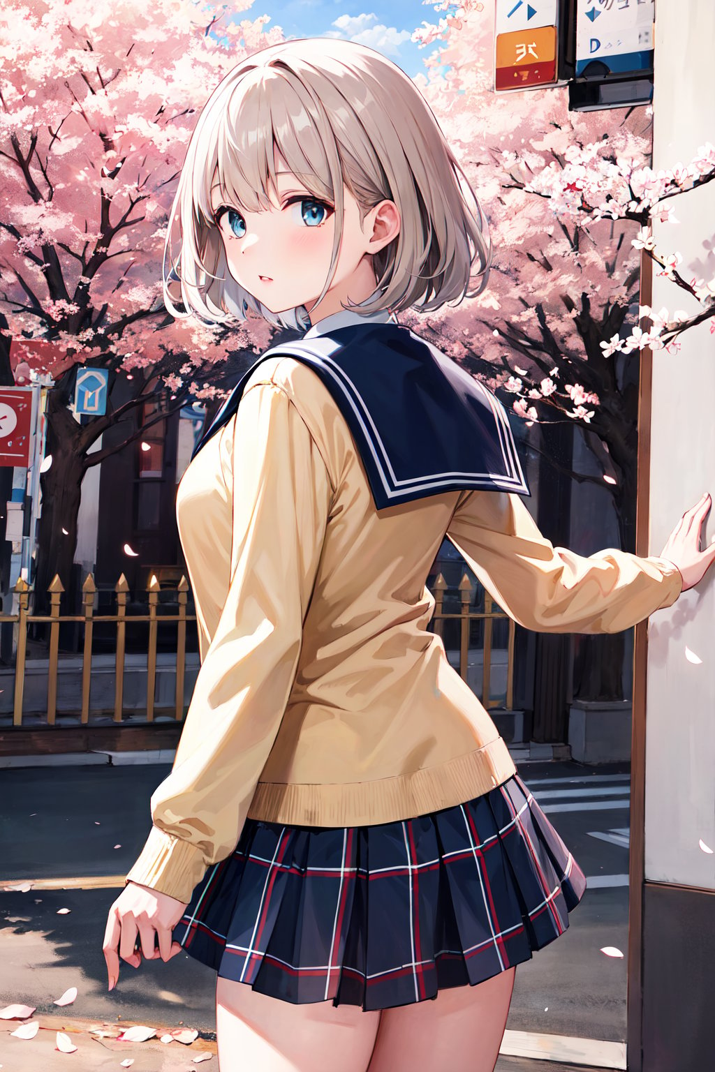 masterpiece, best quality, highres, aaasahi, short hair, blue sailor collar, yellow cardigan, long sleeves, plaid skirt, blue skirt, <lora:serizawa_asahi_v1:0.7>, cherry blossoms, standing, from behind, looking at viewer, 