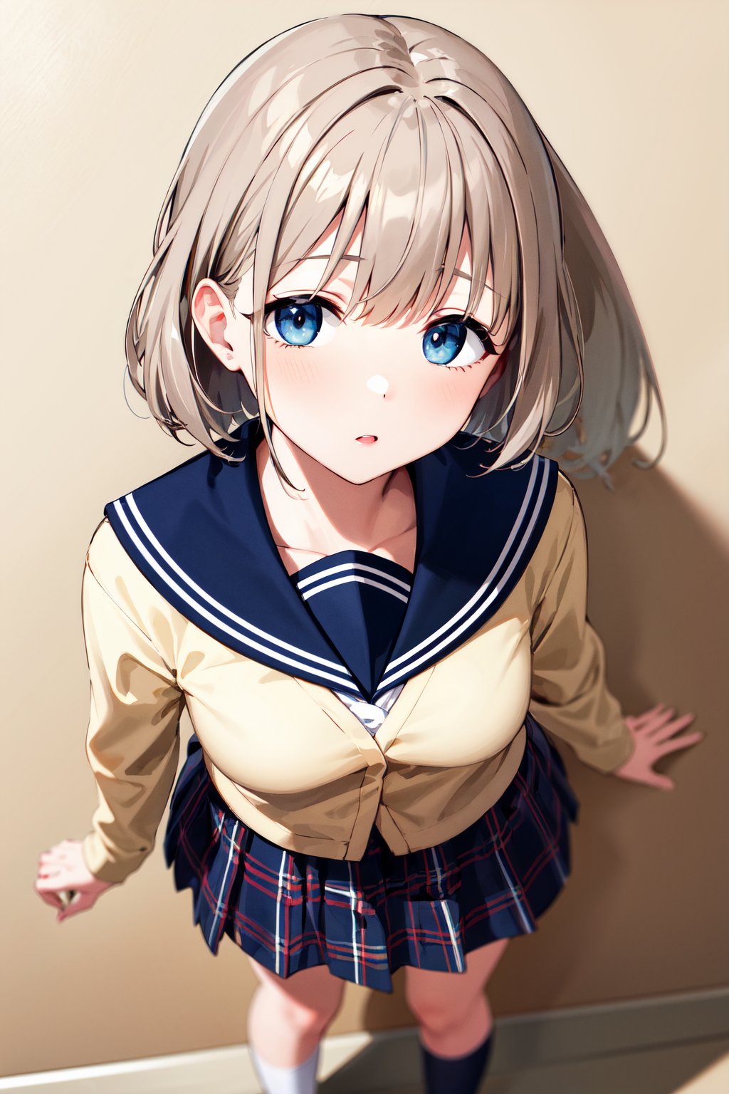 masterpiece, best quality, highres, aaasahi, short hair, blue sailor collar, yellow cardigan, long sleeves, plaid skirt, blue skirt, <lora:serizawa_asahi_v1:0.7>, standing, from above, 