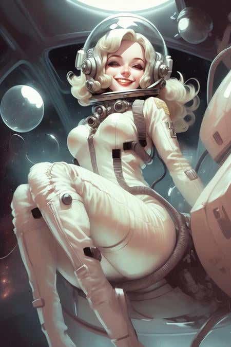 <lora:pulpLadiesOG2v1-000040:1> sp4c3w0m3n a seductive smiling woman with platinum blond hair, wearing a space suit and helmet floating in space