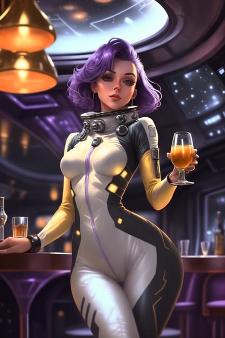 <lora:pulpLadiesOG2v1-000040:1> sp4c3w0m3n a woman with violet hair wearing a skintight white and gold space suit holding a glass standing at the bar in space station bar