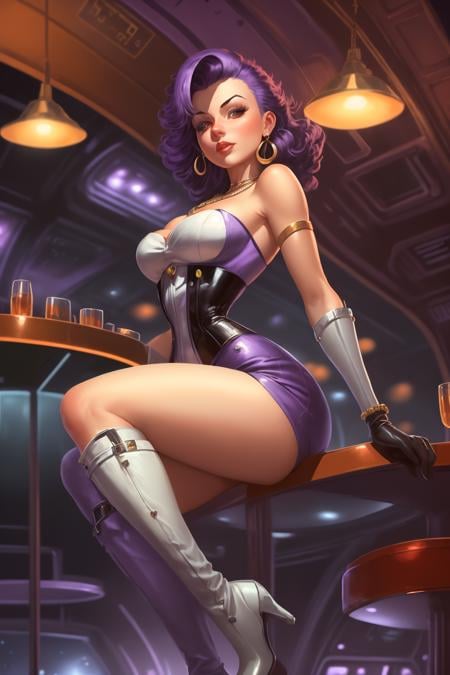 sp4c3w0m3n woman with purple hair wearing a tight white corset and purple knee high boots, bare midriff, bare thighs, jewellery,earrings,necklace,elbow length gloves,pinup pose in a bar on a space station <lora:pulpLadiesOG2v1:1>