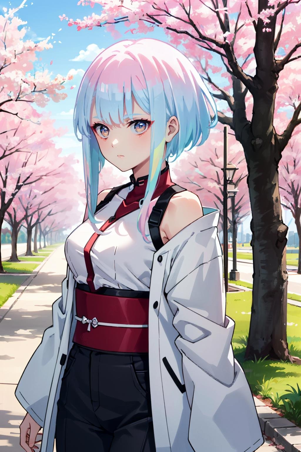 ((masterpiece, best quality)) <lora:EdgerunnersLucy-000008:0.9>EdgerunnersLucy, 1girl, solo, multicolored hair, asymmetrical hair, walking in a japanese park, cherry blossoms,