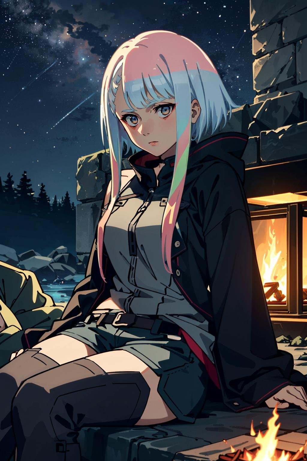 ((masterpiece, best quality)) <lora:EdgerunnersLucy-000008:0.9>EdgerunnersLucy, 1girl, solo, multicolored hair, asymmetrical hair, sitting by a campfire in the wilderness, wrapped in a cozy blanket, with stars filling the night sky