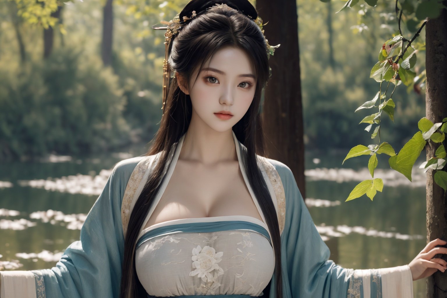 Ultra-high skin detail,Perfect facial details,cinematic lighting,chiaroscuro,super detail,award winning,best quality,FilmGirl,1girl,Lolita,18 years old,Beautiful body,looking at viewer,<lora:汉服chang4:0.8>,(chang:1.2),fabulous hanfu,outdoors,(detailed light) , feather, leaves, nature, (sunlight), river, (forest),(bloom),