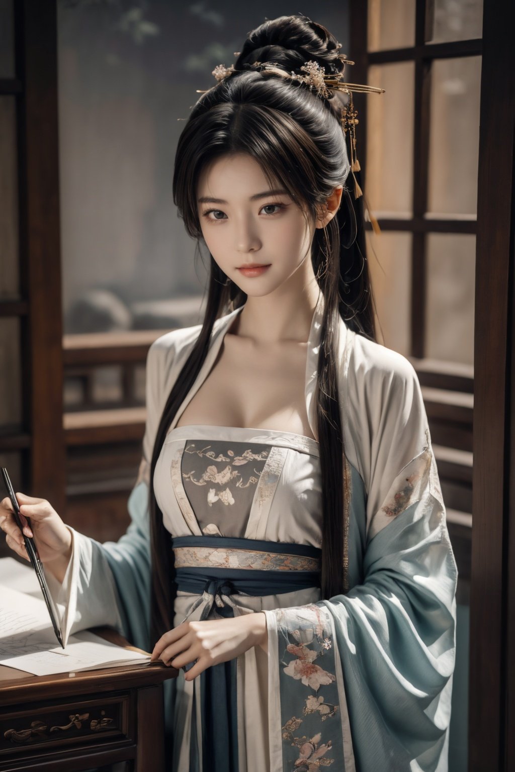 Ultra-high skin detail,  Perfect facial details, cinematic lighting,  chiaroscuro,  super detail,  award winning,  best quality, FilmGirl, 85mm, 1girl, 18 years old, sad, little cry, the abovehalf body, Lolita, Beautiful body, fabulous hanfu, holding Chinese writing brush, writing, paper, ink stone, siting, smile, <lora:EMS-76644-EMS:0.900000>, , <lora:EMS-59672-EMS:0.200000>, , <lora:EMS-38836-EMS:0.400000>