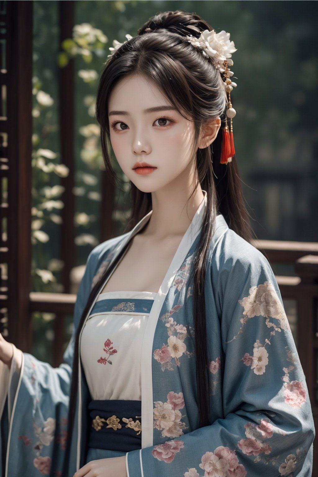 Ultra-high skin detail,Perfect facial details,cinematic lighting,chiaroscuro,super detail,award winning,best quality,FilmGirl,85mm,1girl,18 years old,sad,Lolita,Beautiful body,fabulous hanfu,chinese clothes,floral print,