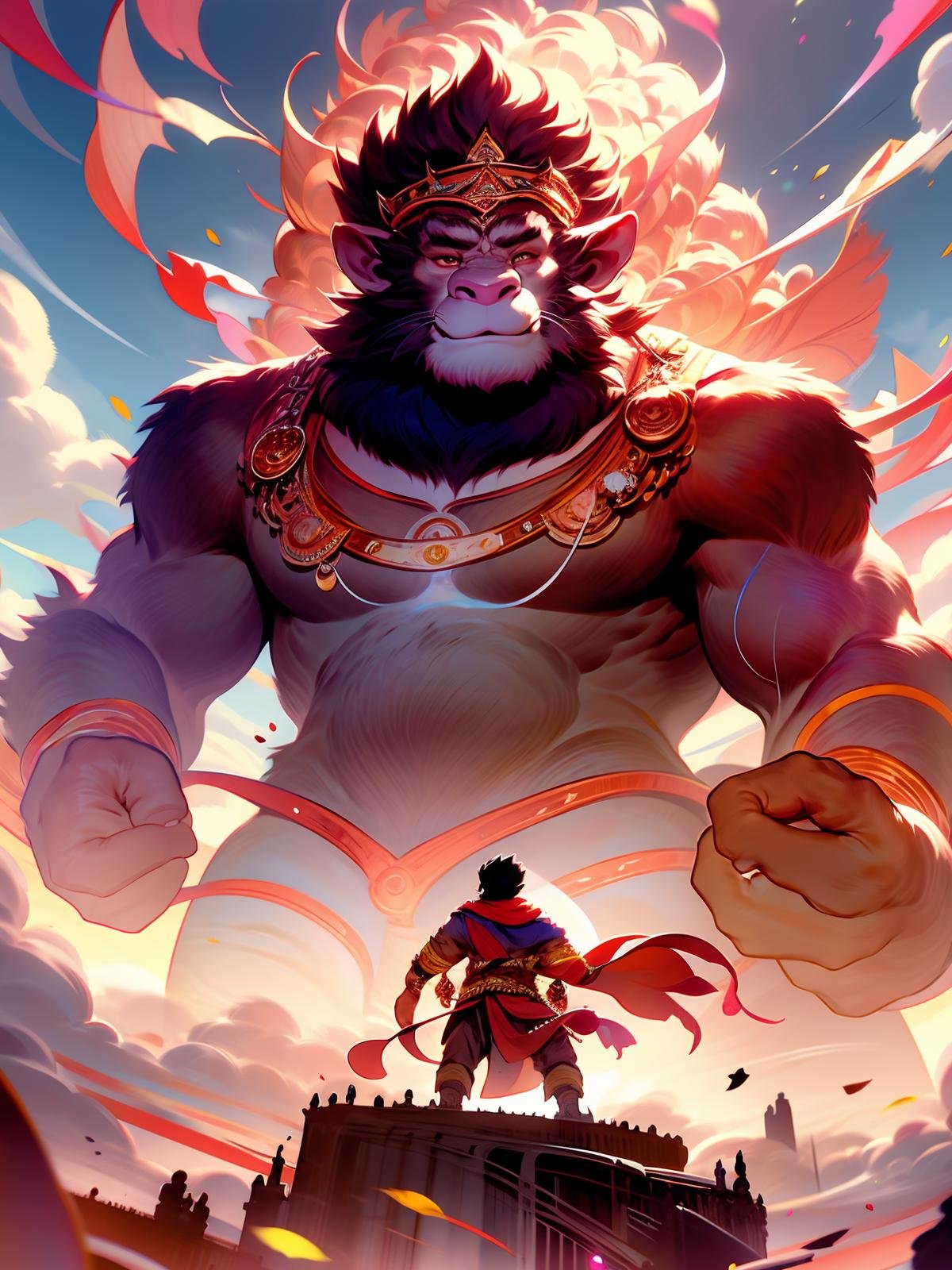 male focus,muscular,giant,sky,cloud,animal ears,furry male,multiple boys,jewelry,muscular male,lion boy,clenched hands,furry,cape,beard,facial hair,necklace,wind,2boys,1boy,short hair,standing,red cape,size difference,black hair,outdoors,day,crown,pectorals,<lora:shiershengxiao:1>,