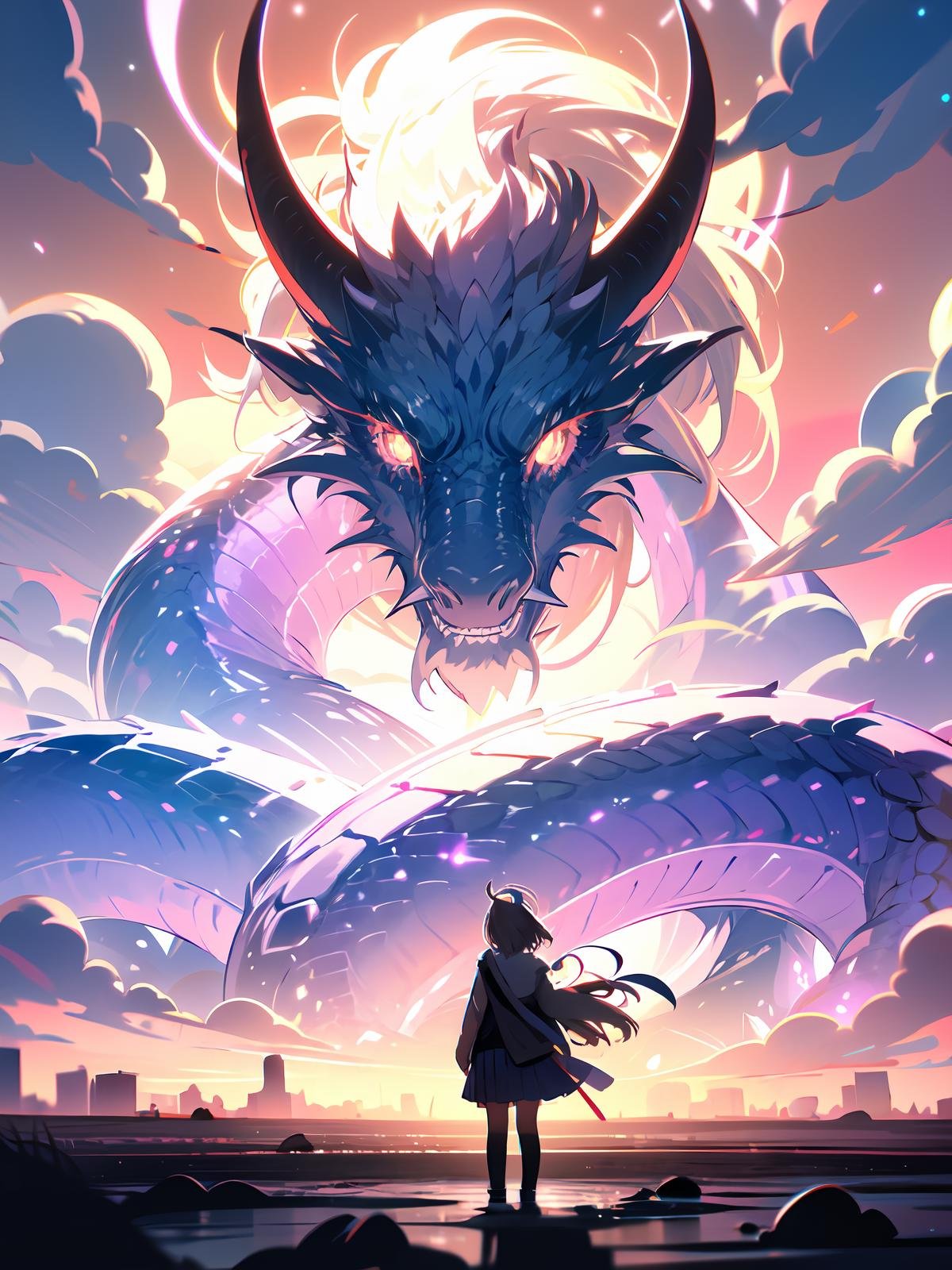 1girl,skirt,cloud,dragon,horns,standing,sky,from behind,glowing,eastern dragon,outdoors,black hair,pleated skirt,cloudy sky,monster,short hair,glowing eyes,wind,facing away,ahoge,<lora:shiershengxiao:0.8>,