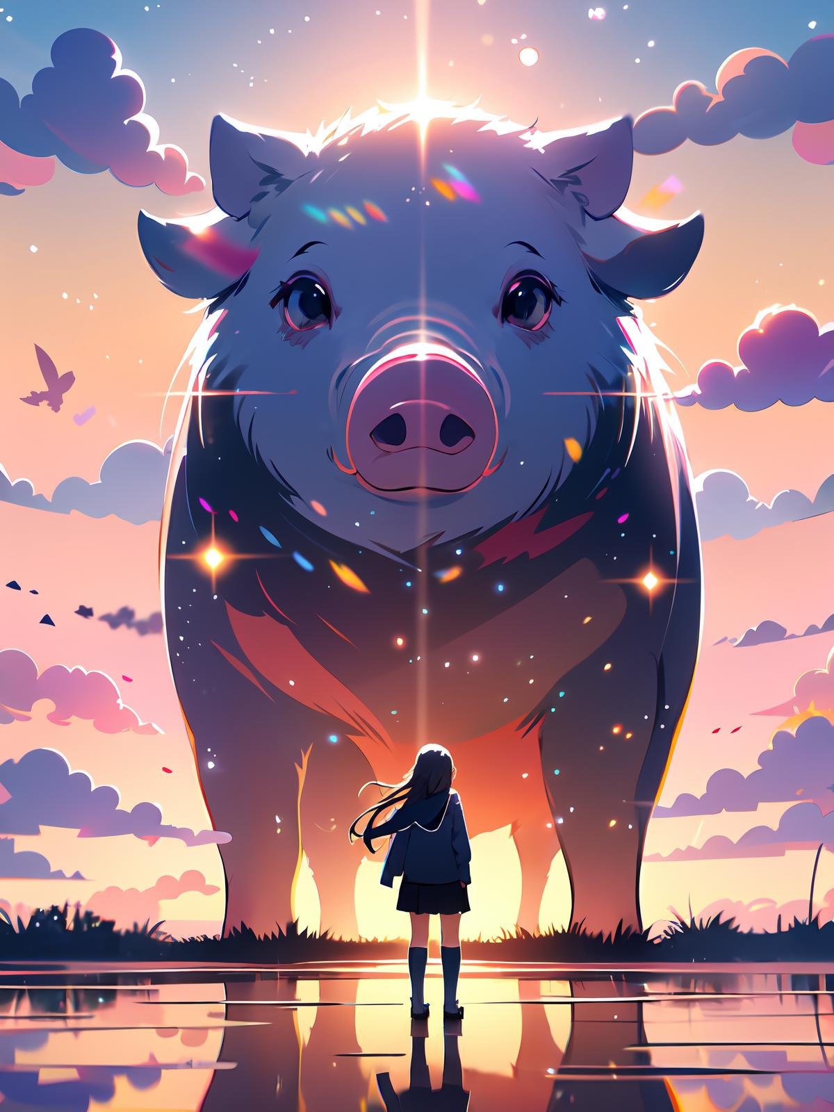 1girl,sky,long hair,oversized animal,animal,standing,cloud,skirt,reflection,socks,kneehighs,outdoors,sunset,from behind,solo,chinese zodiac,star (sky),scenery,black hair,school uniform,pleated skirt,<lora:shiershengxiao:0.8>,pig,