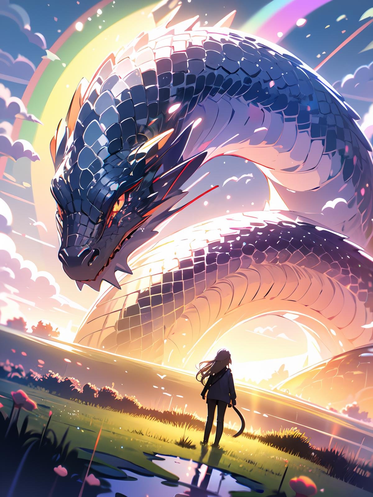 1girl,cloud,outdoors,long hair,rainbow,standing,sky,dragon,grass,dutch angle,oversized animal,cloudy sky,scenery,solo,day,animal,<lora:shiershengxiao:0.8>,python,