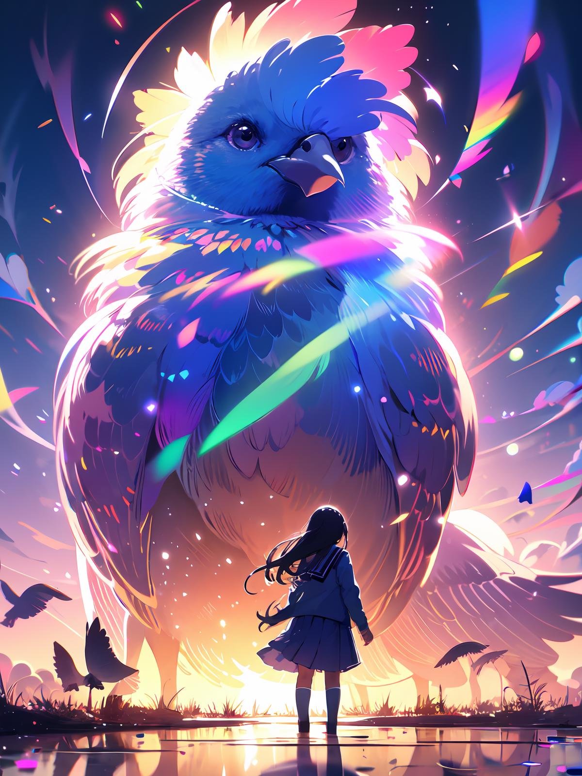 1girl,bird,standing,skirt,animal,looking at viewer,school uniform,oversized animal,from behind,backlighting,sky,glowing,outdoors,colorful,serafuku,solo,wind,petals,scenery,black hair,<lora:shiershengxiao:0.8>,