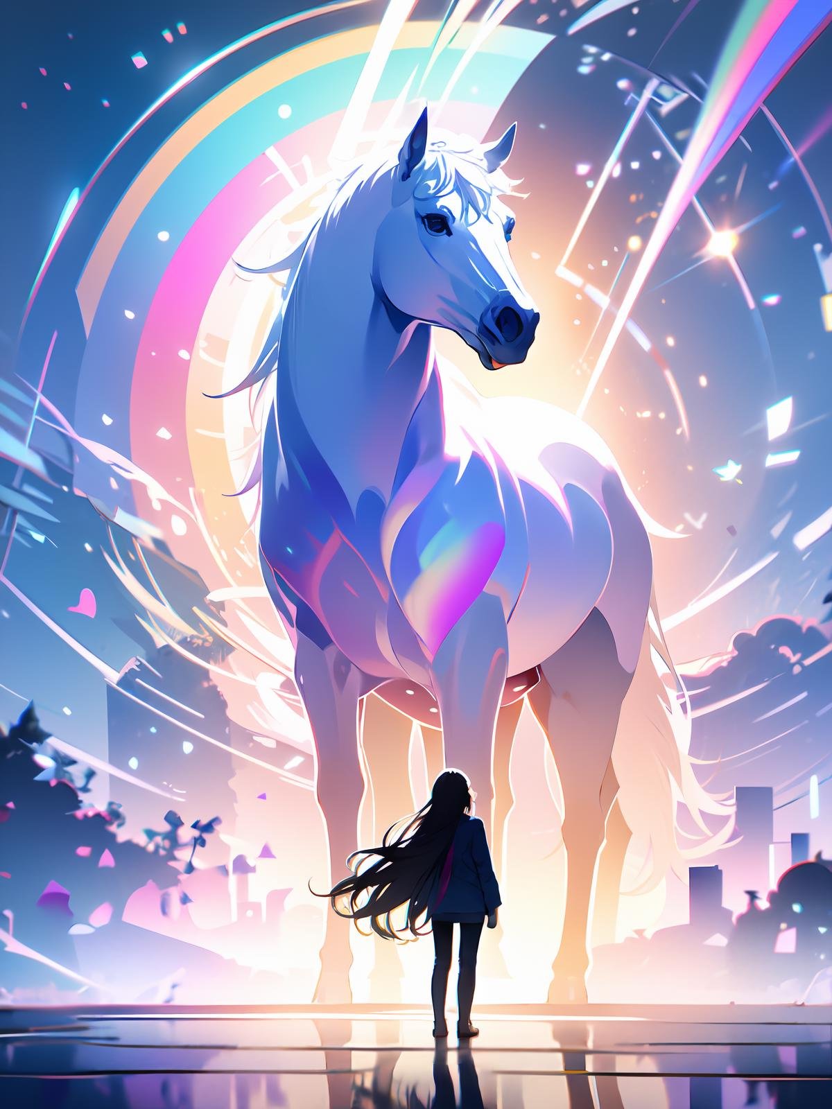 long hair,1girl,black hair,standing,holding,horns,from behind,solo,rainbow,<lora:shiershengxiao:0.8>,white horse,