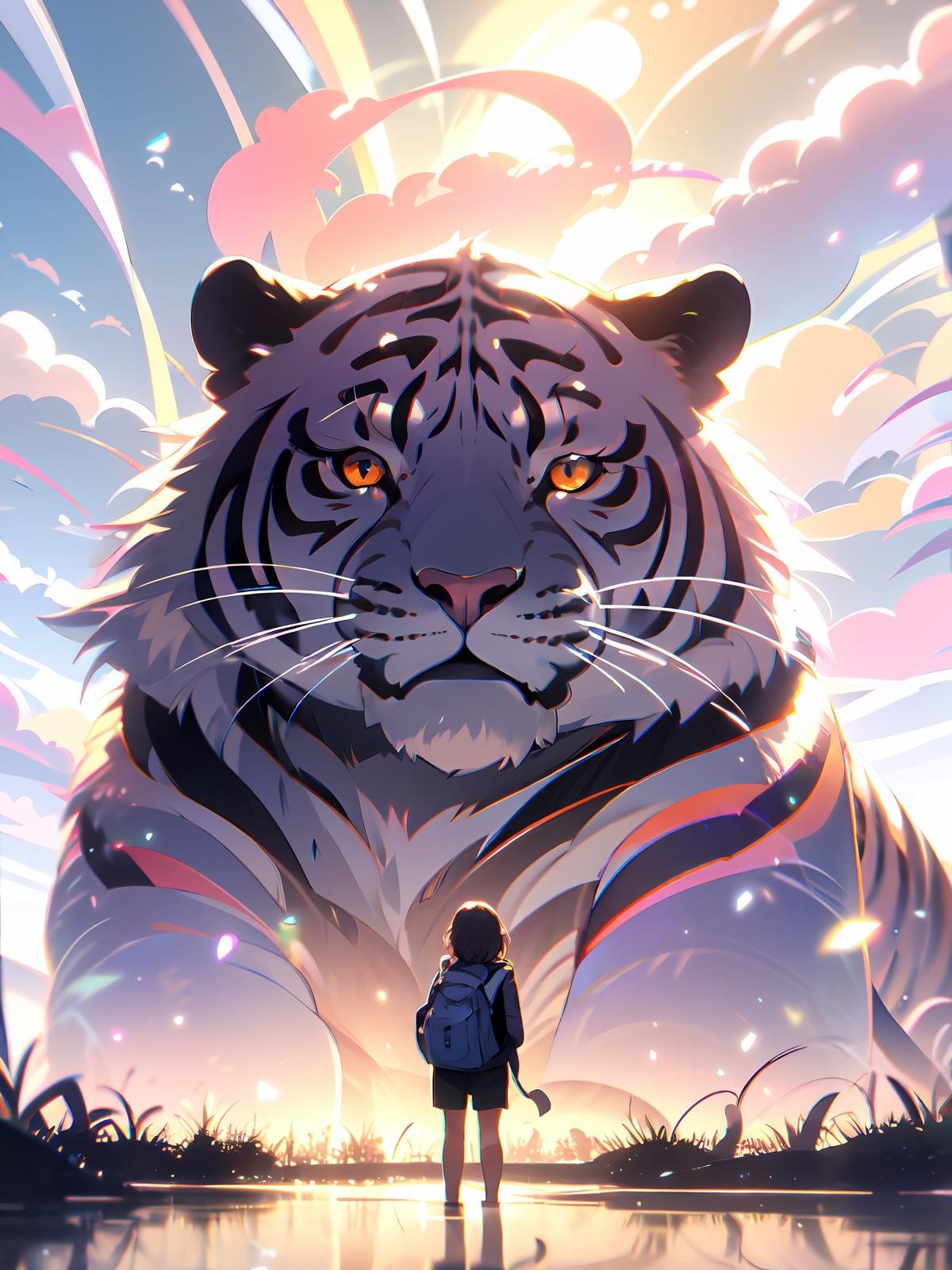 tiger, 1girl, outdoors, animal, cloud, sky, bag, reflection, backpack, standing, oversized animal, hood, solo, shorts, from behind, short hair, day, blue sky, glowing, cloudy sky, scenery, chinese zodiac, yellow eyes, sunlight, year of the tiger, hood down, backlighting<lora:shiershengxiao:0.8>,