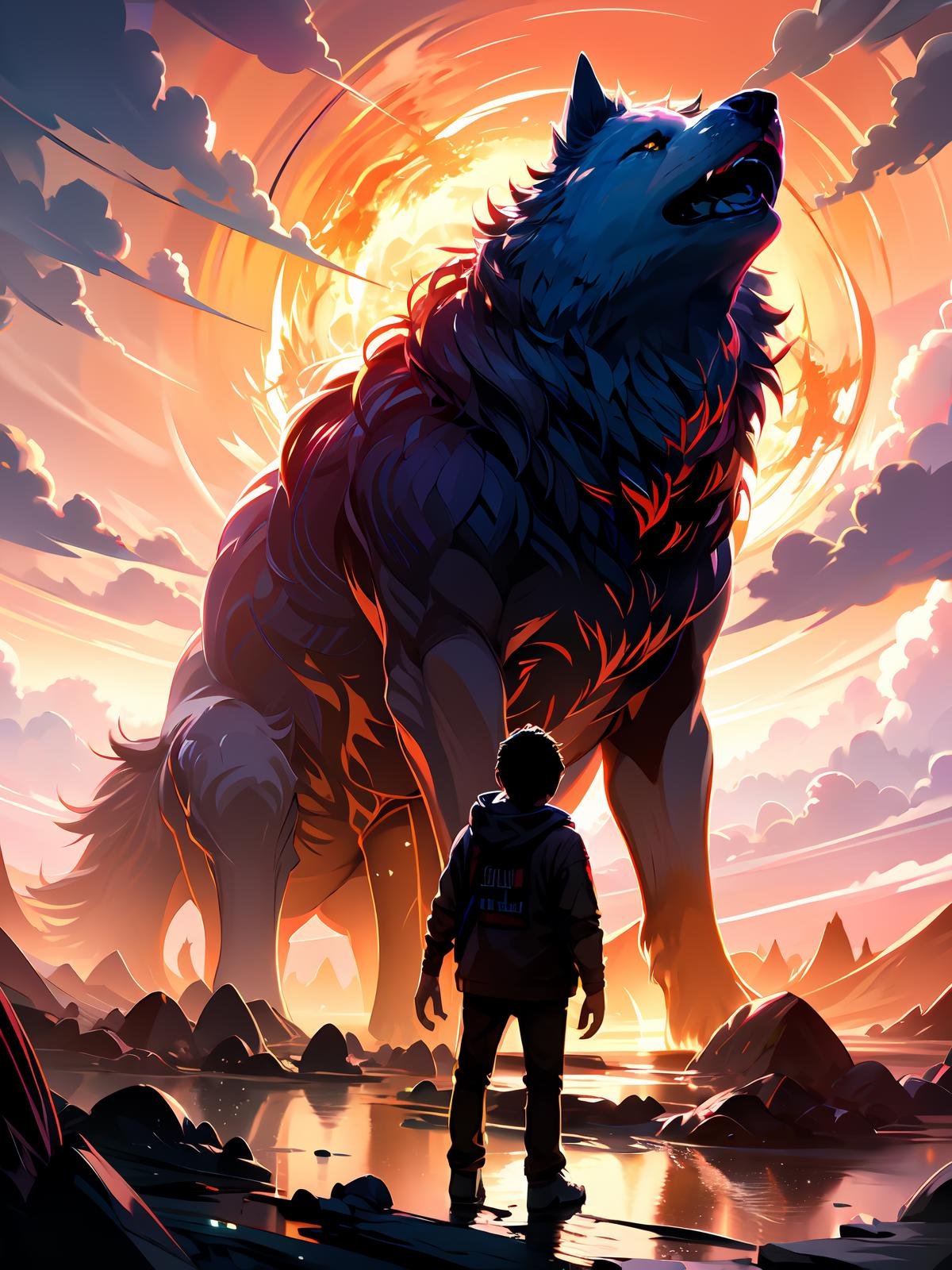 cloud,sky,1boy,standing,cloudy sky,outdoors,glowing,oversized animal,hood,fire,wolf,pants,black hair,short hair,from behind,fangs,teeth,molten rock,jacket,<lora:shiershengxiao:0.8>,