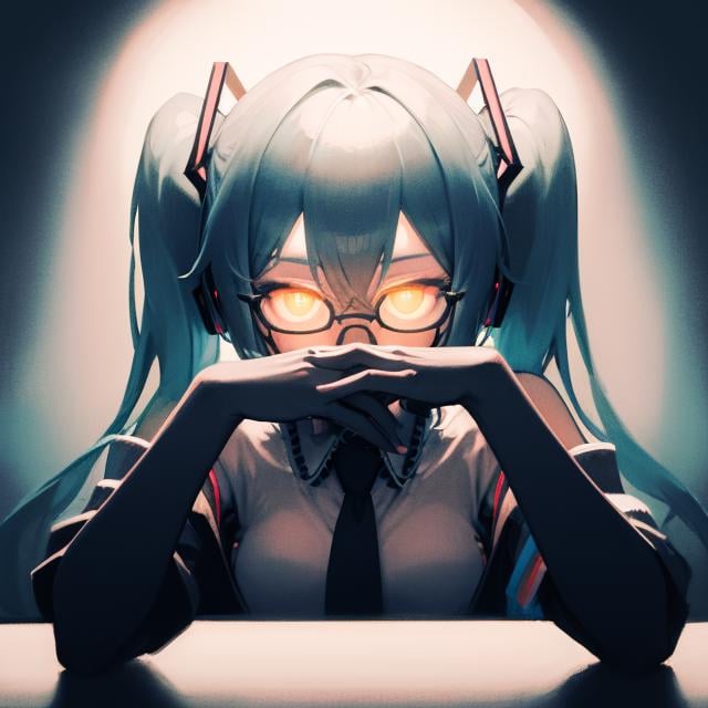 masterpiece, 1girl,gendou pose,(glowing eyes:1.2),opaque glasses, miku