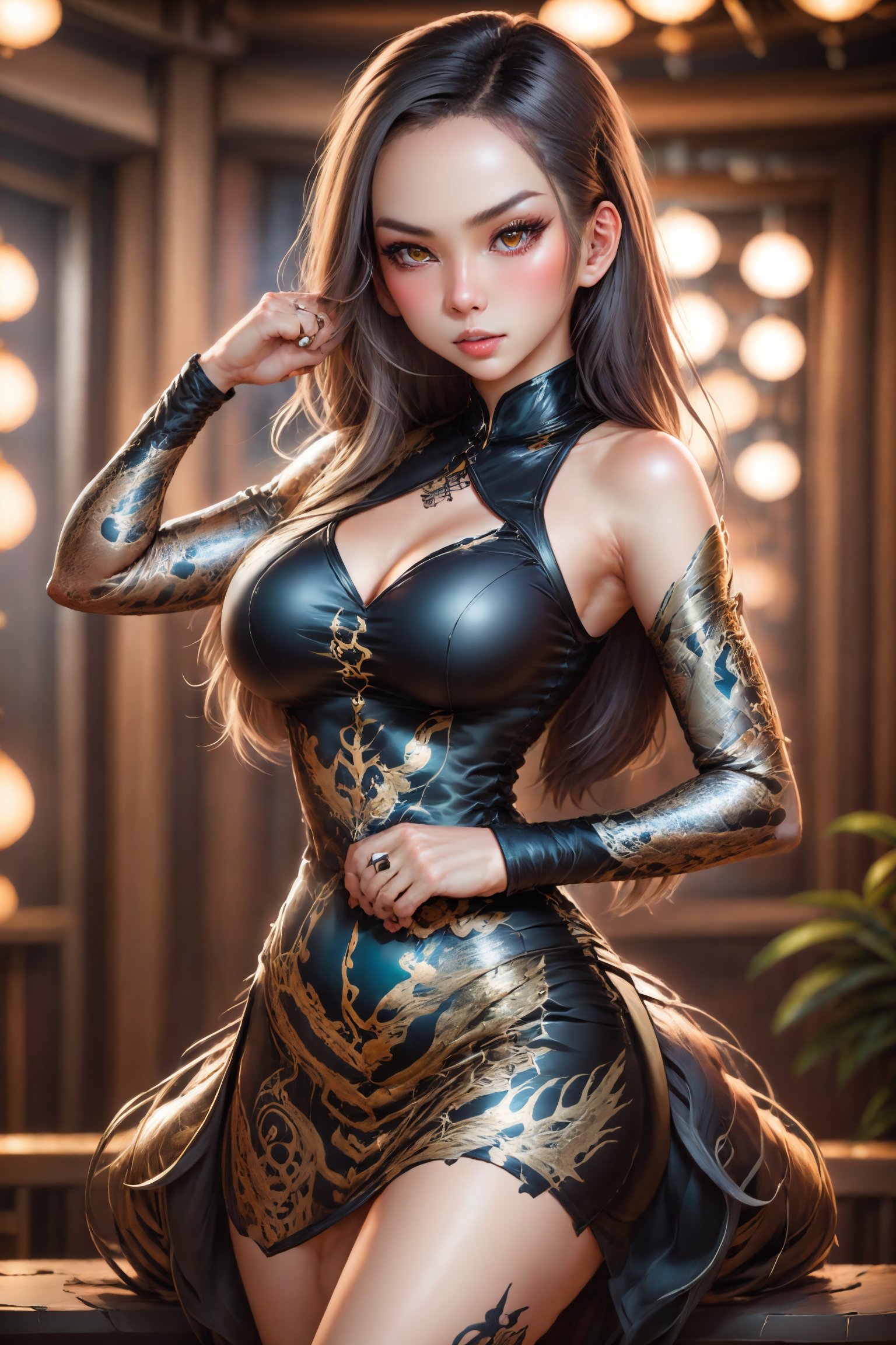 (Masterpiece,Best Quality), A realistic anime girl in a maid dress with coal-colored hair, striking a battle pose with a spear, inviting viewers to look closely at the high-resolution illustration, Fantasy, magical vibes, sci-fi mood, sparks, DoF, bokeh, sharp focus,Daughter of Dragon God
