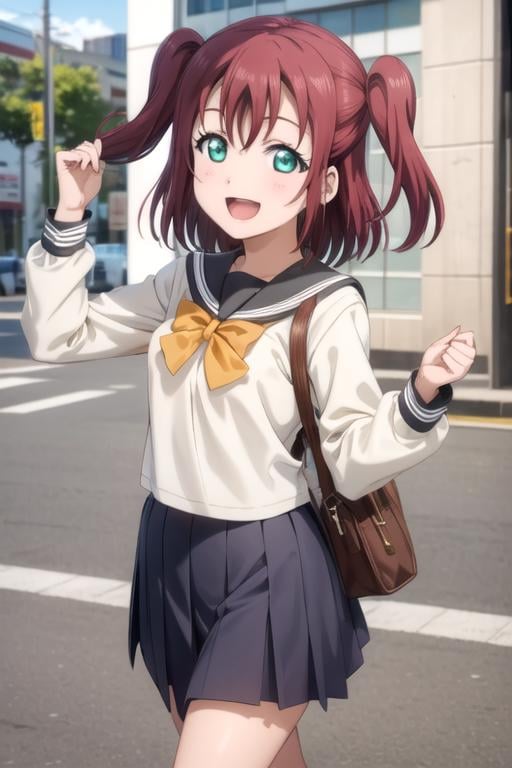 (((pixel-perfect, detail-perfect))), solo, 1girl, <lora:ruby-lovelive-01:0.8>, ruby kurosawa, uranohoshi school uniform, bowtie, looking at viewer, smile, :d