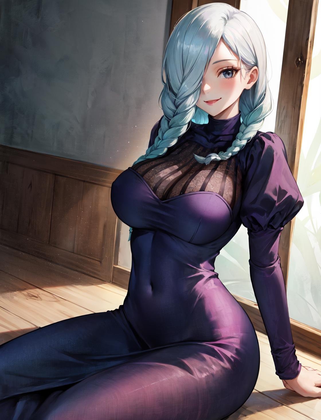 masterpiece, best quality, white background,meidef, 1girl, solo, looking at viewer, sitting, smile, large breasts, huge breasts, long hair, braid, single braid, braided bangs, white hair, grey hair, hair over one eye, braided ponytail, long sleeves, breasts, dress, puffy sleeves, black dress, turtleneck dress, juliet sleeves, arm support, <lora:LoRA_MeiMei:1>