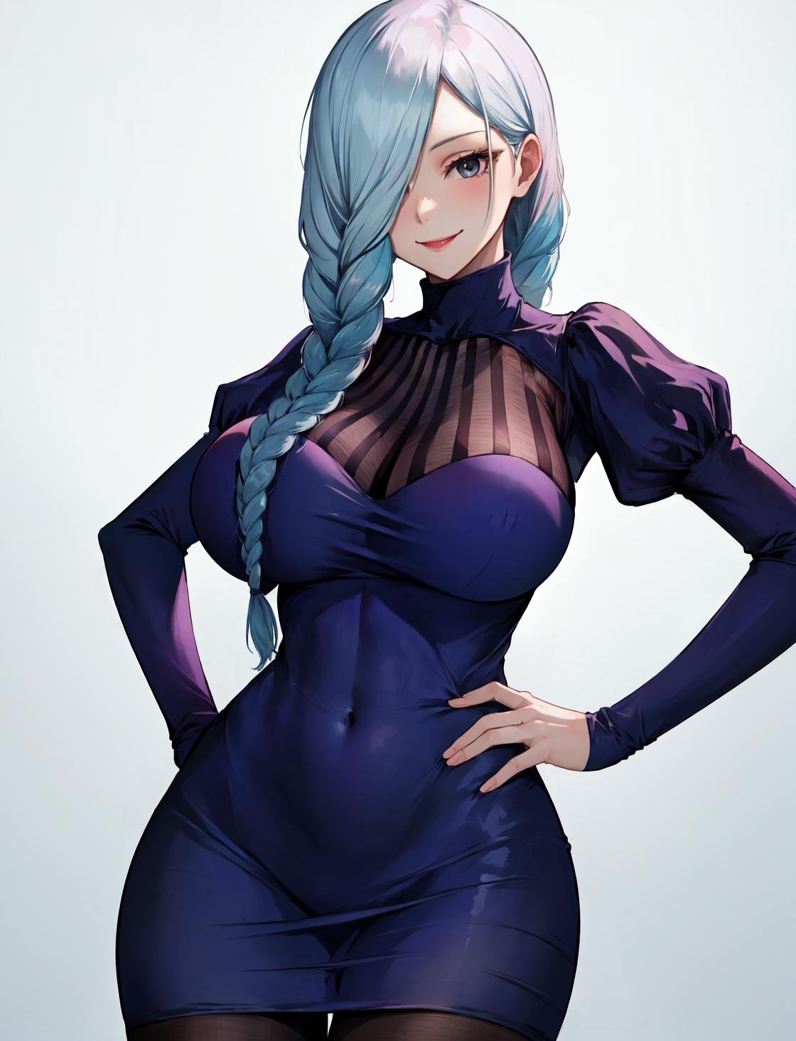 masterpiece, best quality, white background,meidef, 1girl, solo, looking at viewer, sitting, smile, large breasts, huge breasts, long hair, braid, single braid, braided bangs, white hair, grey hair, hair over one eye, braided ponytail, long sleeves, breasts, dress, puffy sleeves, black dress, turtleneck dress, juliet sleeves, arm support, <lora:LoRA_MeiMei:1>