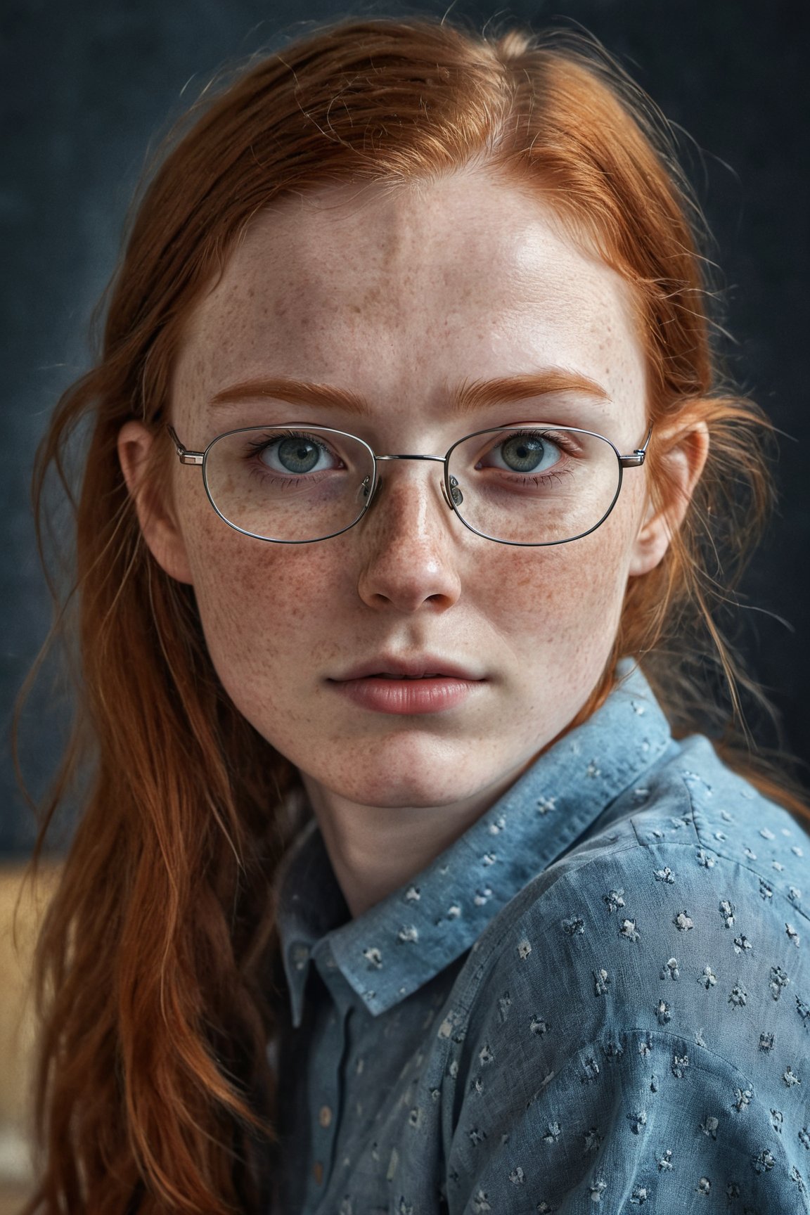 professional, masterpiece, 8k, hyperrealistic portrait of a 20yo cute ginger girl, long hair, redhead, glasses, (looking shy:1.3), freckles, detailed face, detailed skin, photography, hq, photorealistic,
