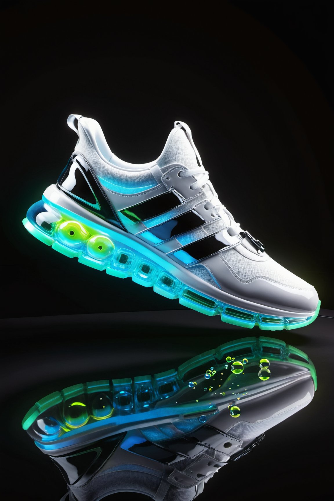 (best quality,4k,highres,masterpiece:1.2),ultra-detailed,(realistic:1.37),sneakers,bioluminescent,bright luminescence white light,made out of light beams,bubbles,particles,sparkles,glitch,neon blue and green,glowing soles,reflective surfaces,vibrant colors,shimmering effect,fluid motion,colorful psychedelic patterns,translucent material,mirrored reflections,sleek design,dynamic angles,energetic vibe,sharp focus,illuminated environment,deep shadows,contrasting light and dark,emitting soft glow,light trails,interplay of light and shadow,ethereal atmosphere,immersive experience,interactive visual display,extravagant visual effects,otherworldly aesthetics,mesmerizing presence.

