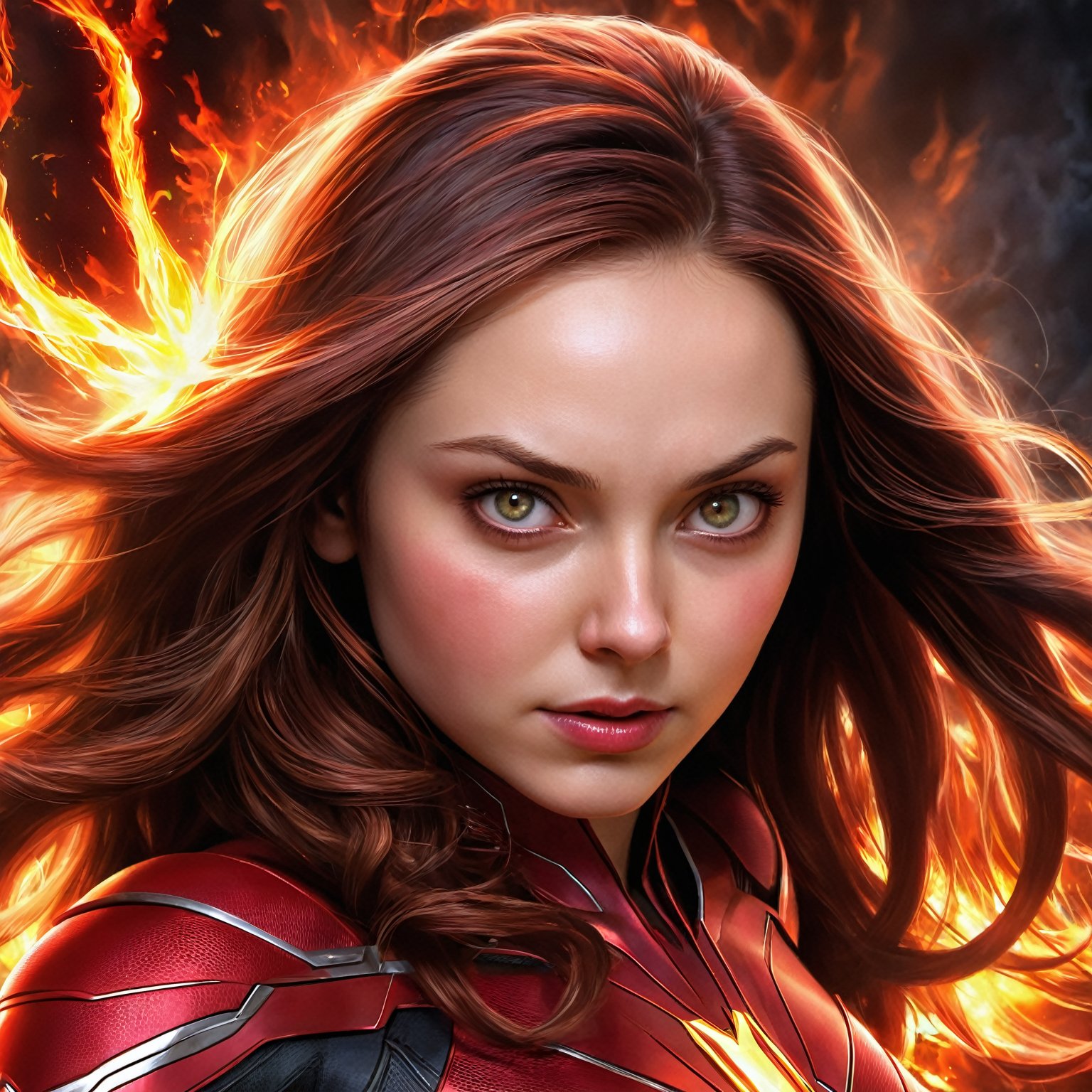 (masterpiece, top quality, best quality, beautiful and aesthetic:1.2), (1girl Wanda Maximoff the scarlet witch of Marvel:1.2), fire fairy, cute, light eyes, beautiful face, extreme detailed, (abstract:1.4, fractal art :1.3), (hair in motion :1.1), colorful, highest detailed, lightning, flying flames, ability to manipulate fire, (splash_art:1.2),Enhanced Reality