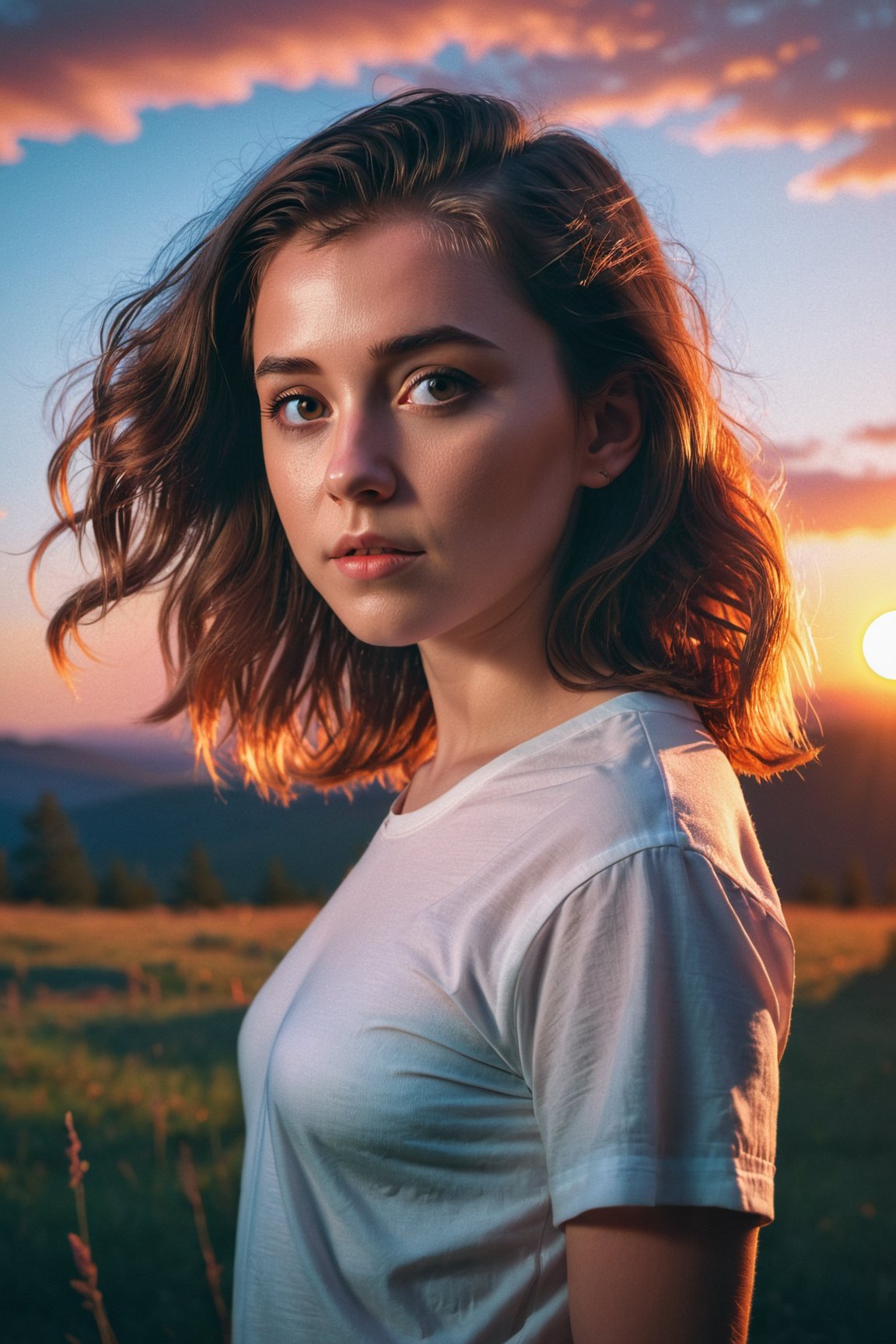 1girl sunset detailed, surreal dramatic lighting shadow (lofi, analog, kodak film) by Brandon Woelfel Ryan McGinley eric lightfoot illustrated, official anime key media, illustrated by Greg rutkowski, trending on artstation 8k