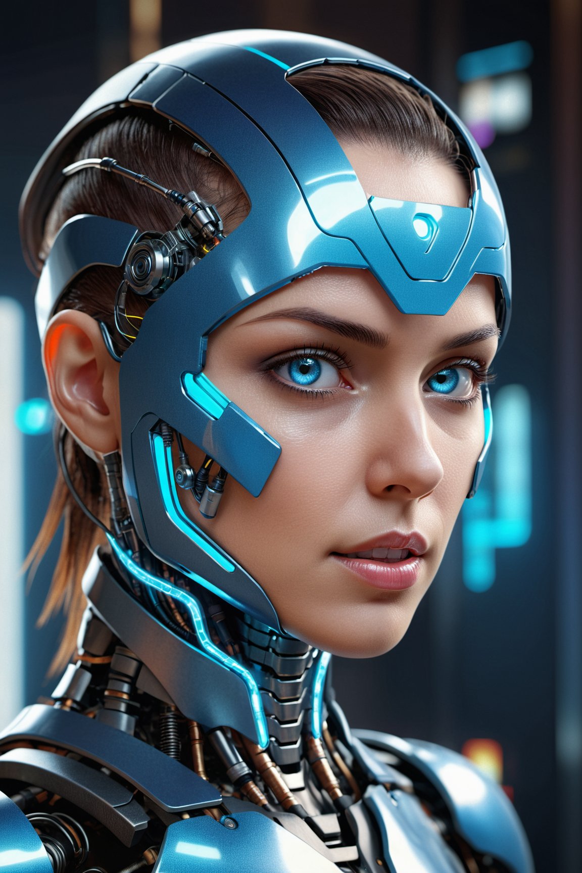 (best quality,4k,8k,highres,masterpiece:1.2),ultra-detailed,(realistic,photorealistic,photo-realistic:1.37),3D rendered,powerful robotic features,elegant face structure,vivid synthetic skin,illuminated parts,mirror-like porcelain texture,meticulous attention to detail,futuristic hairstyle,glowing cybernetic eyes,metallic accents,delicate facial expressions,sophisticated mechanical ornaments,slightly tilted head angle,electric blue color scheme,cyberpunk background with neon lights,highly polished surface,digital information flow elements,reflection of the cityscape,sharp focus on facial features,subtle shadows on the profile,advanced facial recognition technology,holographic projection,mysterious aura,mixed reality integration,subtle emotion in the eyes,steely determination in the gaze,intense futuristic atmosphere,captivating beauty,innovative engineering marvel,impressive technological advancements.
