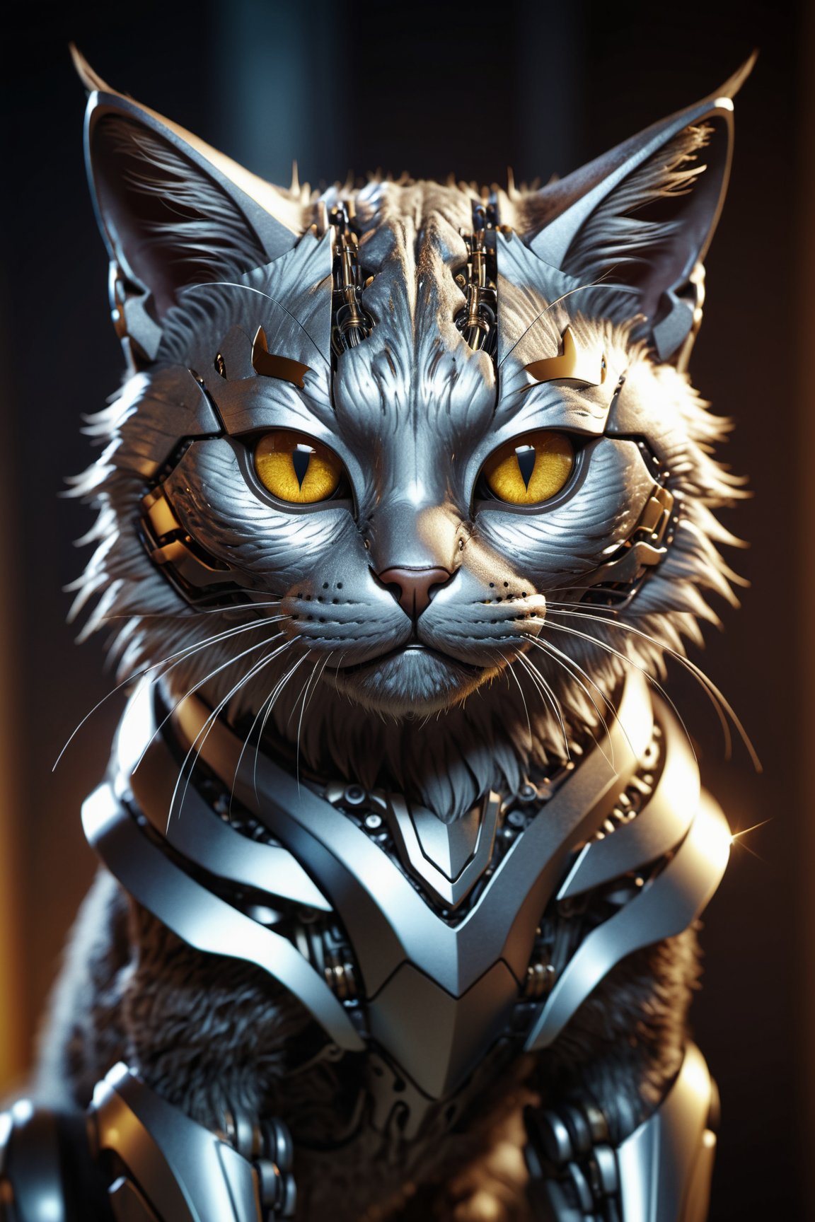 (a cute kitten made out of metal,cyborg,intricate details,hdr,intricate details:1.1,hyperdetailed,cinematic shot,vignette,centered),(best quality,4k,8k,highres,masterpiece:1.2),ultra-detailed,(realistic,photorealistic,photo-realistic:1.37),metallic fur texture,glowing eyes,mechanical limbs,microscopic engravings,shiny reflective surface,metallic whiskers,sharp metal claws,cybernetic enhancements,sparkling metal reflections,precision engineering,subtle shadows,mysterious atmosphere,vivid colors,sharp focus,innovative design,defocused background,emotive facial expression,strategic lighting,artistic composition,technological marvel