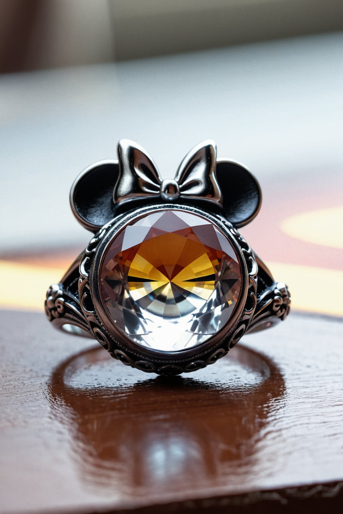 Jewellery women ring, on table, silver jewelry, dnd, ornate, beautiful, atmosphere, vibe, mist, smoke, fire, chimney, rain, wet, pristine, puddles, melting viewpoints, melting minnie mouse, treeline, close-up, bird's eye, cinematic, edge of the universe, trending on artstation
