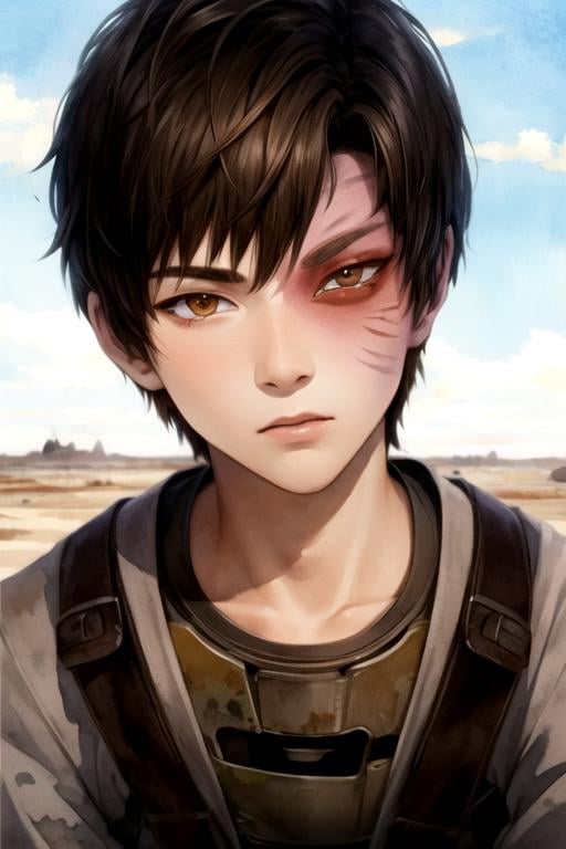 masterpiece, best quality, wallpaper, 1boy, solo, male focus, looking at viewer, , depth of field, (watercolor illustration, soft pastel colors:1.1), , <lora:zuko_avatar:0.74>, zuko_avatar, brown hair, brown eyes, , scar on face, , , science fiction apocalyptic and post-apocalyptic,