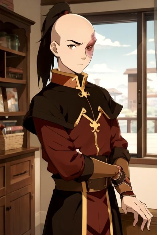 masterpiece, best quality, wallpaper, 1boy, solo, male focus, looking at viewer, , depth of field, , , <lora:zuko_avatar:0.70>, zuko_avatar, brown hair, brown eyes, bald, ponytail, , , clubroom,