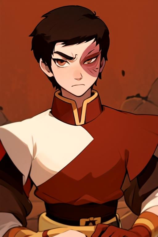 masterpiece, best quality, , 1boy, solo, male focus, looking at viewer, upper body, depth of field, anime coloring, , <lora:zuko_avatar:0.74>, zuko_avatar, , brown eyes, short hair, scar on face, french costume, ,