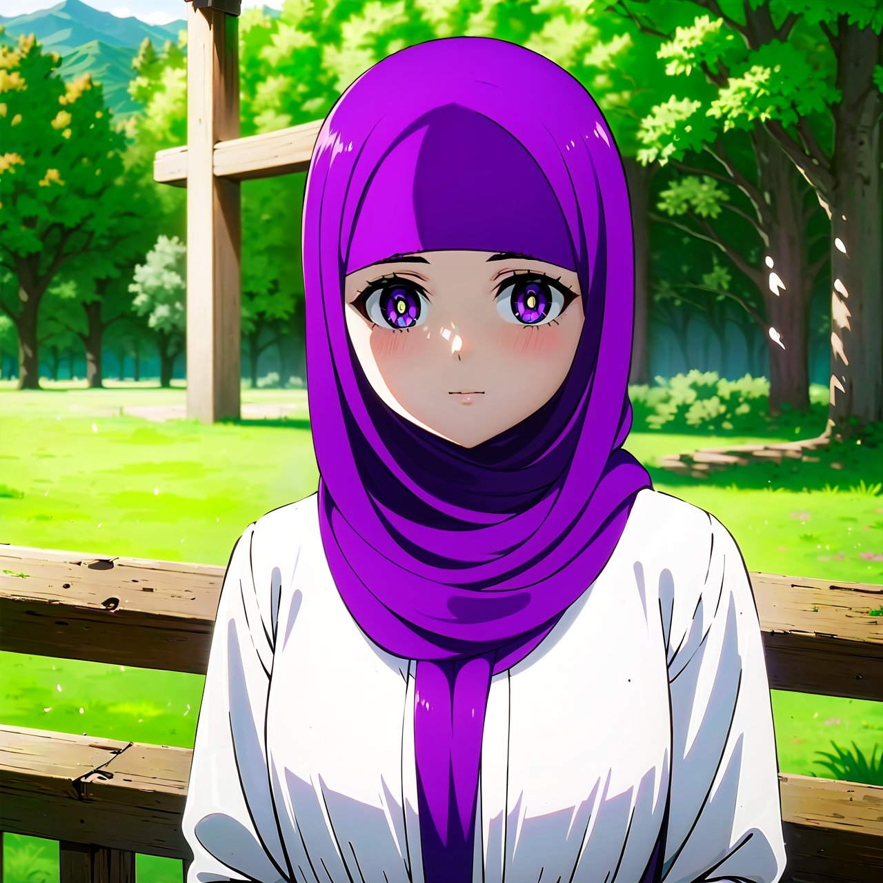 ((masterpiece,  best quality)), (hijabin anime:1), solo, 1girl, outdoor, fern, bright pupils,fern, purple hijab