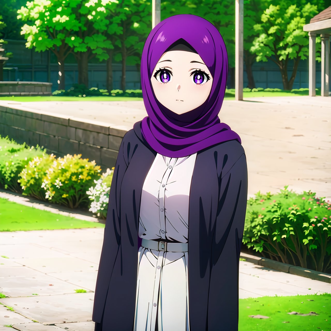 ((masterpiece,  best quality)), (hijabin anime:1), solo, 1girl, outdoor, fern, bright pupils,fern, purple hijab