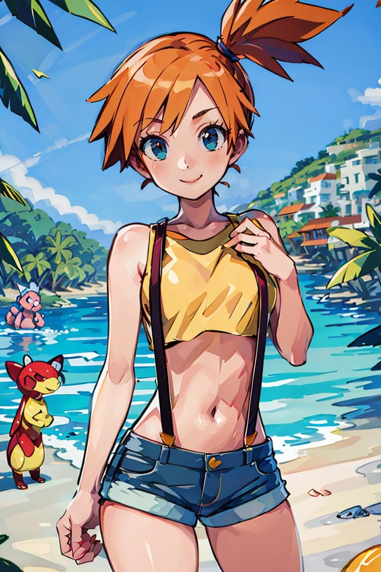 <lora:Harada_Takehito_Style_Dim32:0.8>, ((masterpiece,best quality)), absurdres, <lora:Misty_Pokemon_v2_Anime:0.8>, Misty_Pokemon, yellow crop top, suspenders, side ponytail, orange hair, denim shorts, solo, smiling, looking at viewer, cowboy shot, cinematic composition, contrapposto, tropical beach,