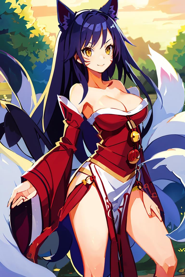 <lora:Harada_Takehito_Style_Dim32:0.8>, ((masterpiece,best quality)), absurdres, ah1, facial mark, multiple tails, fox tails, korean clothes, cleavage, bare shoulders, detached sleeves, <lora:ahri_v10:0.7>, outdoors, standing, cowboy shot, smile, contrapposto