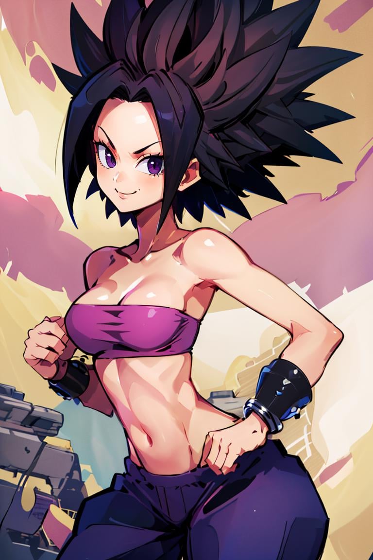 <lora:Harada_Takehito_Style_Dim32:0.8>, ((masterpiece,best quality)), absurdres, <lora:Caulifla_DB_v3_Anime:0.8>, Caulifla_DB, bare shoulders, midriff, purple baggy pants, pink tube top, black bracelets,solo, smiling, smug, looking at viewer, cowboy shot, cinematic composition,