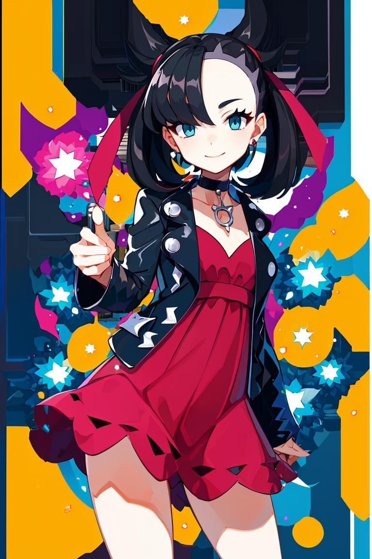 <lora:Harada_Takehito_Background_Dim32:1>, ((masterpiece,best quality)), absurdres, <lora:marnie_v1:0.7>, hmmarnie, aqua eyes, black choker, red ribbon, pink dress, jewelry, black jacket, open clothes, long sleeves,  solo, smiling, looking at viewer, cowboy shot, cinematic composition, contrapposto, 